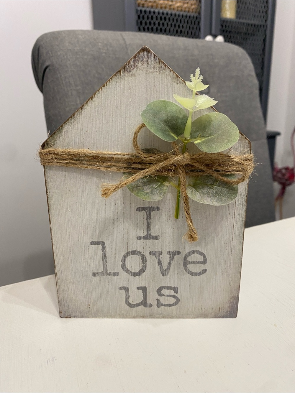 Rustic White Wash "I Love Us" Block House with Twine Bow & Greenery 5x7"